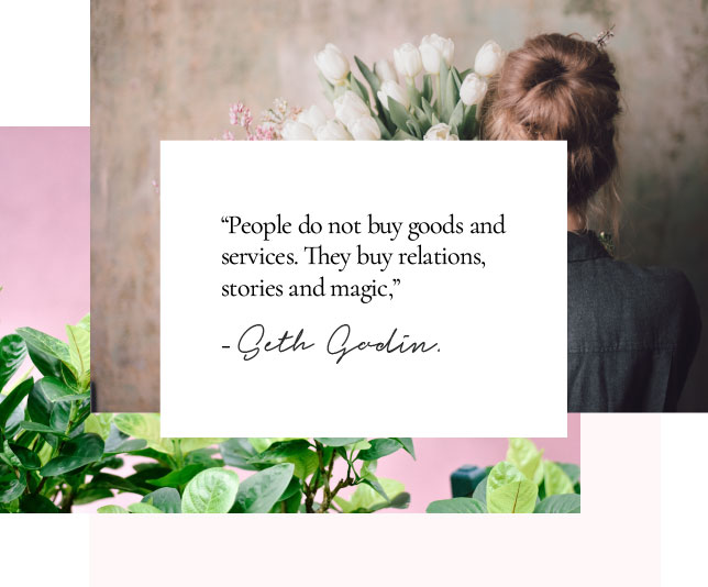 Seth Godin quote on how people buy goods based on relations, stories and music not physical items