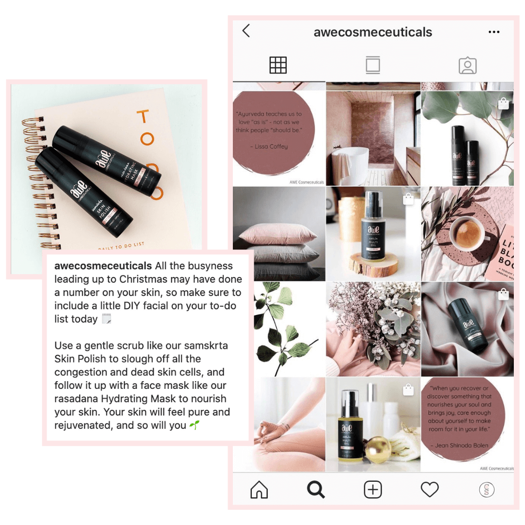 Awe Cosmeceuticals Instagram grid, photos, and captions